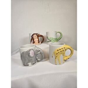Vintage 70's Hand Painted Glazed 3D Ceramic Set Of Four Zoo Animal Mugs